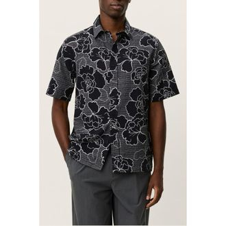 Les Deux Charlie Poppy Pattern Short Sleeve Knit Cotton Blend Button-Up Shirt in Black at Nordstrom, Size Xx-Large