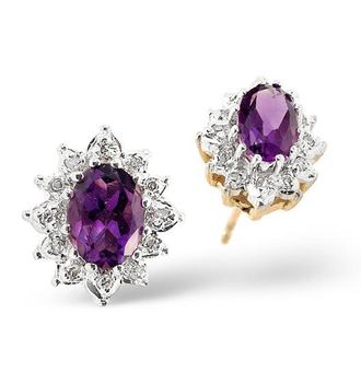 The Diamond Store Amethyst 6 x 4mm And Diamond Cluster 9K Yellow Gold Earrings