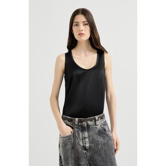 Brunello Cucinelli Stretch silk satin top in Black at Nordstrom, Size Xxx-Large