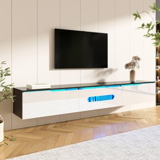 Merax Wall-Mounted 180cm High-Gloss TV Stand with Adjustable LED in White