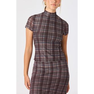 ASTR the Label Baila Plaid Mesh Mock Neck Top in Brown Blue Plaid at Nordstrom, Size X-Large