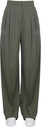Alexander McQueen Broeken, Dames, Groen, S, Wol, Geplooide Wijde Pijpen Broek