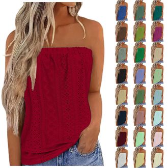 Generic Summer Tops For Women Uk Strapless Vest Sleeveless Tube Bandeau Top Casual Loose Fit Blouse Tunic Trendy Plain T Shirt Eyelet Tees Tank Tops Red