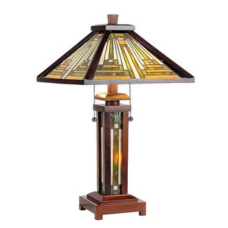 Chloe Lighting INNES Tiffany-style 3 Light Mission Double Lit Wooden Table Lamp 15 Shade