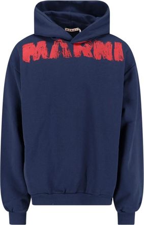 Marni Navy Blue Hoodie With Distressed Graphic Text