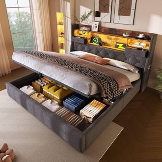 Matteo Grey Double Bed Frame - Hydraulic Lift, LED & USB-C Storage Headboard