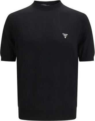 Prada Round-neck Knitwear, male, Black, Size: 2XL Fleece Wool T-Shirt with Premium Finish