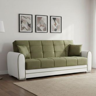 Dmora Sof&aacute; Cama Dgirou, Sof&aacute; Cama Contenedor De 3 Plazas En Ecopiel Y Tela, Sof&aacute; De Sal&oacute;n En Tela Acolchada Con Apertura Clic-clac, 220x84h91 Cm, Blanco Y G