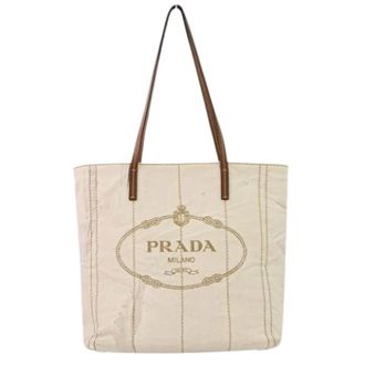 Prada Pre-owned Tote Bags, female, White, Size: ONE SIZE Pre-owned Mistolino Vitello Linen Blend Leather Tote Bag