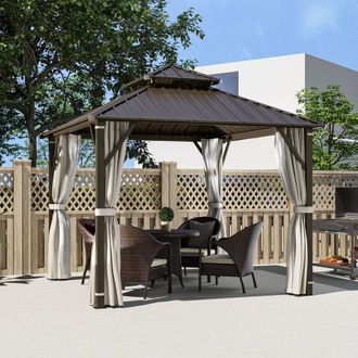 OUTSUNNY 3 x 3(m) Hardtop Gazebo with Metal Roof, Netting & Curtains in Beige