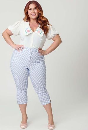 Unique Vintage Plus Size Rachelle Capri Pants in Baby Blue Gingham Print at Nordstrom, Size 3X