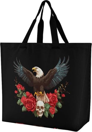 Generic Eag-le Skull Roses Reusable Shopping Bags Large Capacity Grocery Bag Heavy Duty Tote for Women 40x40x16cm