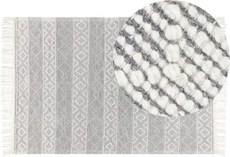 Beliani Alfombra De Lana Gris Blanco Crema 160 X 230 Cm A Mano Geom&eacute;trico Borlas Tonya