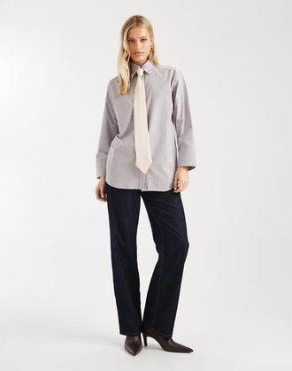 Asos Camicia oversize marrone a righe con spalline imbottite e allacciatura in raso-Multicolore