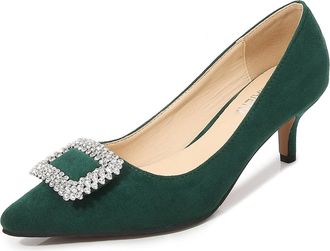 Generic Green,9.5 UK,Womens Suede Pumps Kitten Heel Pointed Closed Toe Slip-on Pumps with Rhinestone Square Buckle Office Event Comfort Dress Shoes