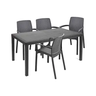 Dmora Dmora - Set Salotto Da Esterno Roccaraso, Salottino Outdoor E Indoor, Tavolo Rettangolare Fisso Con 4 Sedie Impilabili, Made In Italy, Antracite