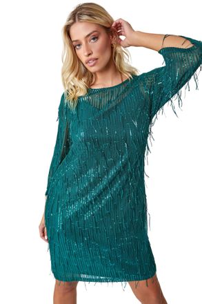 DUSK Womens Sequin Sparkle Tassel Shift Dress - Green - Size 10 UK