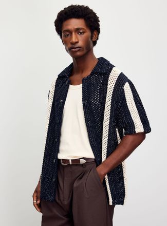 Profuomo Mens Vertical stripe openwork knit shirt