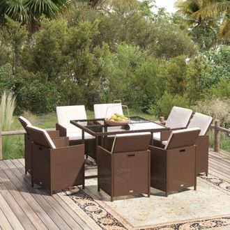 vidaXL Set De Comedor Jard&iacute;n 9 Pzas Y Cojines Rat&aacute;n Sint&eacute;tico Marr&oacute;n Vidaxl