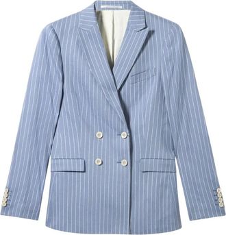 Brooks Brothers Pinstripe Linnen Blend Double-Breasted Blazer - Dames - Blazers - Blauw - S - Linnen - Jassen