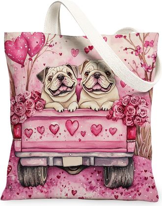 Generic Valentines Day Cavalier King Charles Spaniel Dog Canvas Tote Bag for Shopping 13x15, Fun Truck Puppy Reusable Grocery Print Bag for Women, Couple Beac