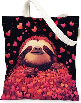 Generic Valentines Day Sloth Canvas Tote Bag for Shopping 13x15, Fun Cute Heart Animal Lover Reusable Grocery Print Pattern Bag for Women, Holiday Beach Aesth