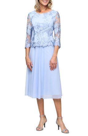 Alex Evenings Illusion Sleeve Embroidered Midi Dress in Hydrangea at Nordstrom, Size 12