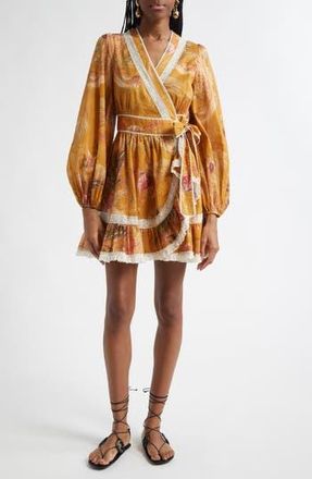 Zimmermann Ascension Lace Trim Long Sleeve Wrap Dress in Mustard Palm Floral at Nordstrom Rack, Size 0P (Fits Like 2P Us)