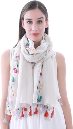 Lina & Lily Embroidered Floral Tassel Scarf Shawl Lightweight (White)(Size: 180cm x 90cm)