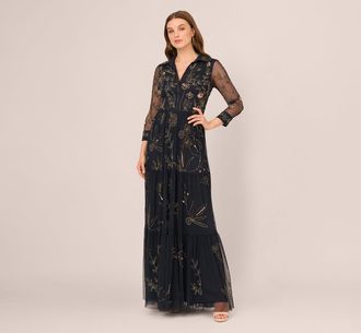 Adrianna Papell Three Quarter Sleeve Collared Floral Beaded Gown In Midnight Multi