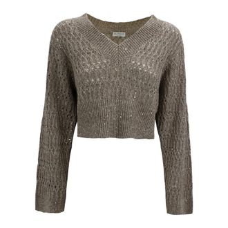 Brunello Cucinelli V-neck Knitwear, female, Gray, M, V-neck Knitwear