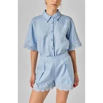 English Factory Embroidered Lace Linen Blend Shirt in Powder Blue at Nordstrom, Size X-Small