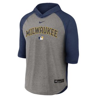 Nike Milwaukee Brewers Authentic Collection Flux Nike Mens Dri-FIT MLB 3/4-Sleeve Hooded T-Shirt in Blue | 04HI013NMZB-LQZ