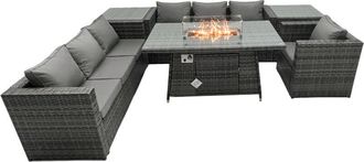 Fimous Fimous Rattan Garden Furniture Firepit Dining Set 7 Seater Lounge Sofa Table Set with 2 side table