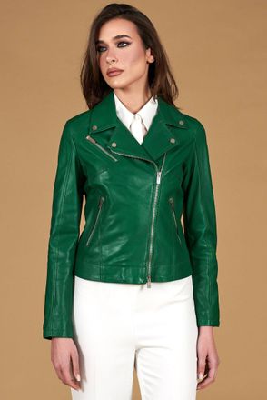 D'Arienzo Giacca chiodo in pelle naturale verde cerniera trasversale DArienzo, Seleziona Taglia XXS, Colore Verde