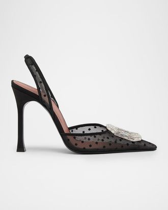 Amina Muaddi 105mm Camelia Polka-Dot Lace Slingback Pumps