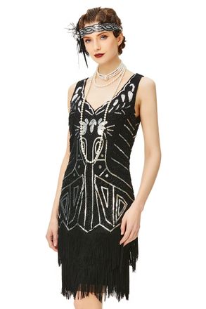 Babeyond Womens Flapper Dresses 1920s V Neck Beaded Fringed Great Gatsby Dress (XXL, Black1)