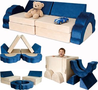 Relaxdays Relaxdays Divano Gioco Modulare Per Bambini, 10 Pz, Blocchi Morbidi, Blu, 47x150x65 Cm