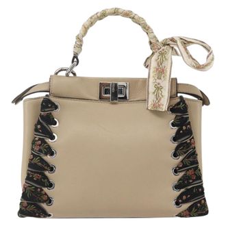 Fendi Peekaboo Bag Leather With Ribbon Whipstitch Beige Leather Handbag (Pre-Owned)