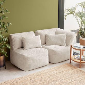 Icon Brand 2pcs Noa Bean Bag, 1x Corner, 1x Recliner, Jumbo Cord in Cream