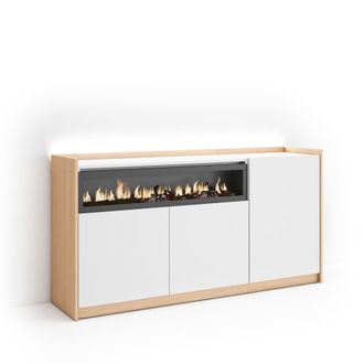 Skraut Home Aparador efecto madera blanco roble 156x37x80cm chimenea efecto fuego