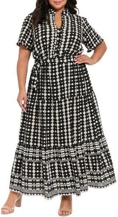London Times Ruffle Neck Geometric Print Tiered Dress in Black/Soft White at Nordstrom Rack, Size 14W