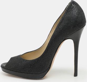 Jimmy Choo London Black Glitter Fabric And Leather Luna Platform Pumps