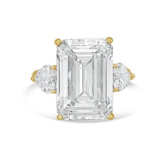 Diana M. Jewels 18kt Yellow gold Lab grown 10ct Emerald diamond ring with heart diamonds on the side and micropave band