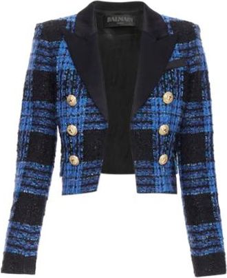 Balmain Blue & Black Check Crop Tailored Jacket Size S