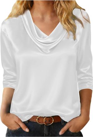 Generic Womens Silk Satin 3/4 Sleeve Cowl Neck Blouse Silky Smooth Elegant Loose-Fit Slimming Top Ladies Chic Casual & Going-Out Blouse for Everyday White