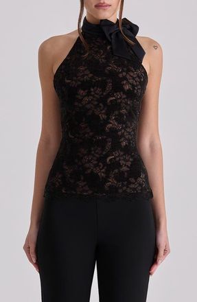 House of CB Natalya Bow Halter Lace Top in Black at Nordstrom, Size X-Small
