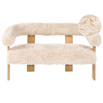 Beliani Sof&aacute; 2 Plazas Retro Sal&oacute;n Tapizado De Pelo Sint&eacute;tico Patas De Madera Blanco Crema Y Marr&oacute;n Claro Ilbro