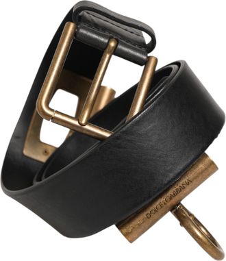 Dolce & Gabbana Black Leather Side Rings Brass Buckle Mens Belt
