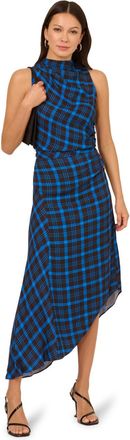 Adrianna Papell Womens Plaid Asymmetrical Dress - Blue - Size 18 UK